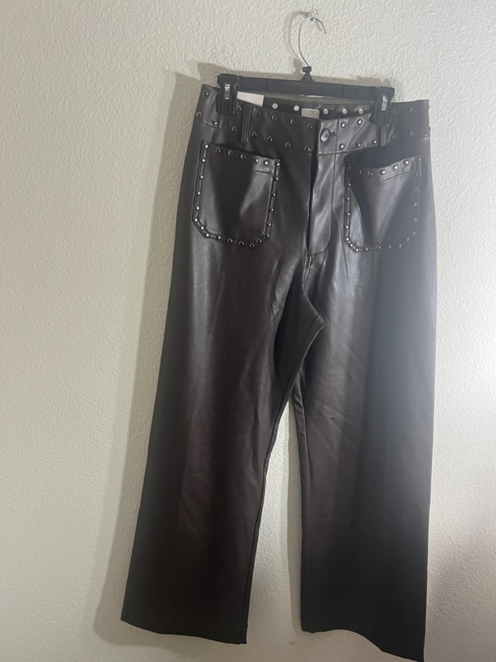Anthropologie Colette Full-Length Faux Leather Studded brown pants 31 western - Picture 4 of 11